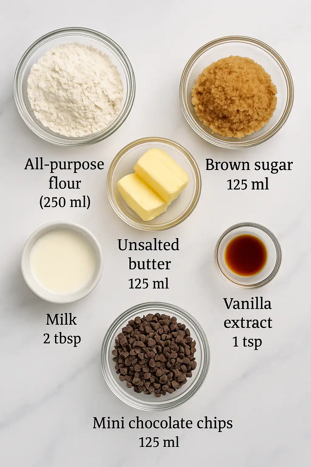Ingredients for no bake edible cookie dough in labeled glass bowls on marble