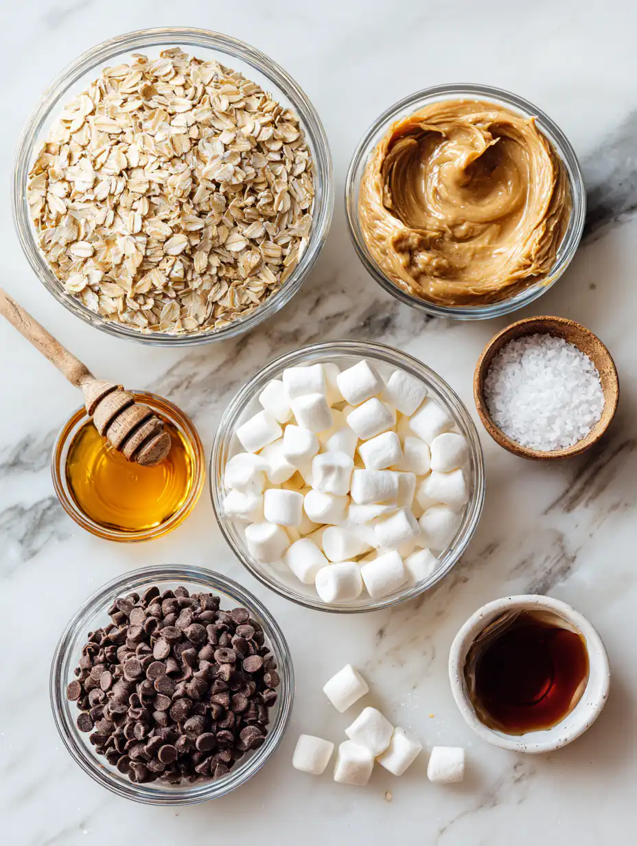 Ingredients for no bake s’more bars with oatmeal in glass bowls on white marble