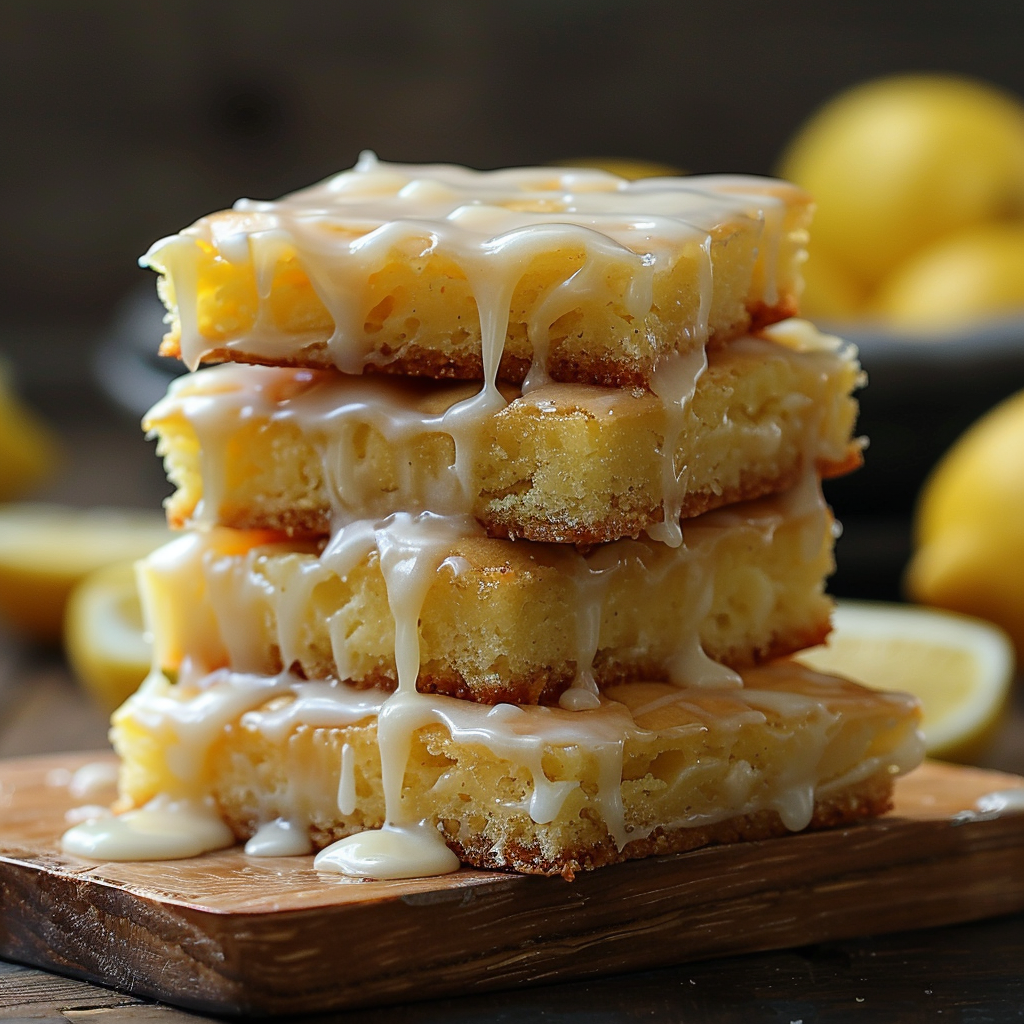 Square lemon brownies with shiny lemon glaze served on a plate