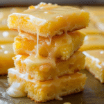 Homemade lemon brownies topped with a zesty lemon glaze on a white plate