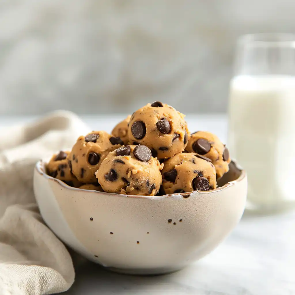 Bowl of no bake cookie dough topped with chocolate chips and colorful sprinkles