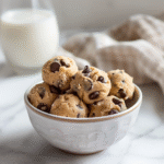 Finished no bake cookie dough served next to a printed recipe card