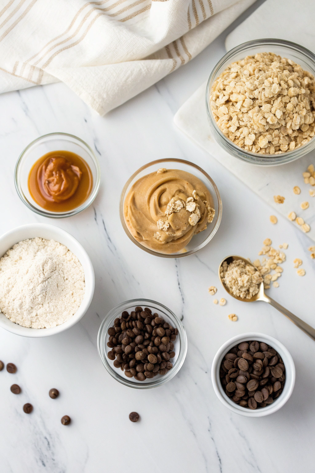 no-bake-protein-cookies-ingredient Ingredients for no bake protein cookies with oats, peanut butter, protein powder, and chocolate chips on marble table.