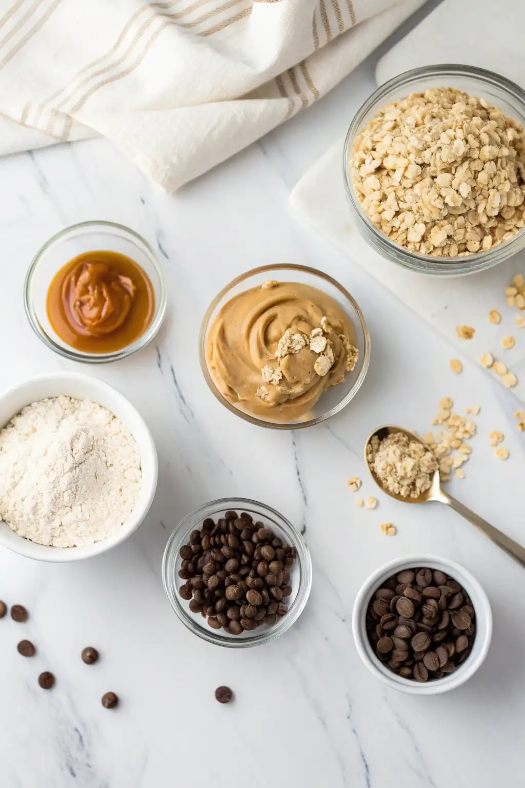 Ingredients for no bake protein cookies with oats, peanut butter, protein powder, and chocolate chips on marble table.