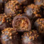 Butterfinger Balls recipe on a white marble table with chocolate coating and peanut butter candy filling