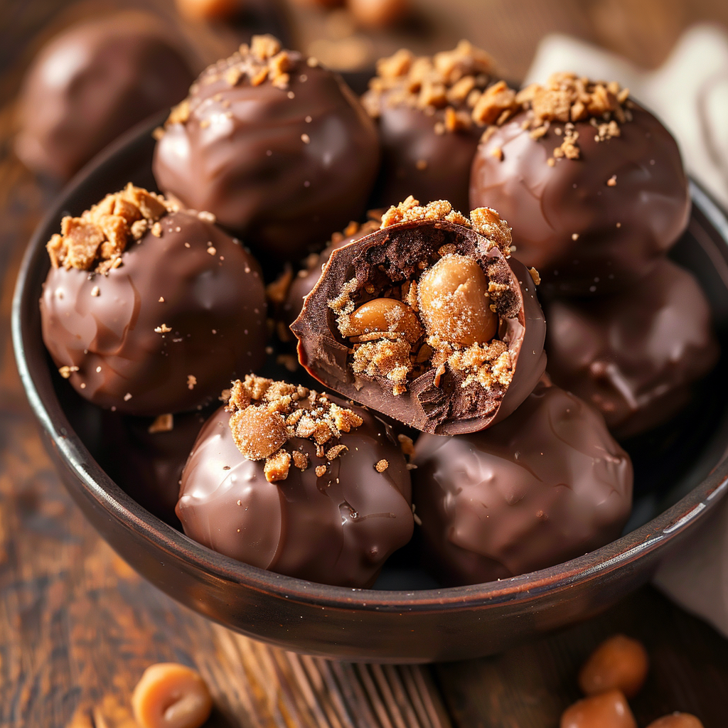 Butterfinger Balls served on a plate , with peanut butter candy center inside