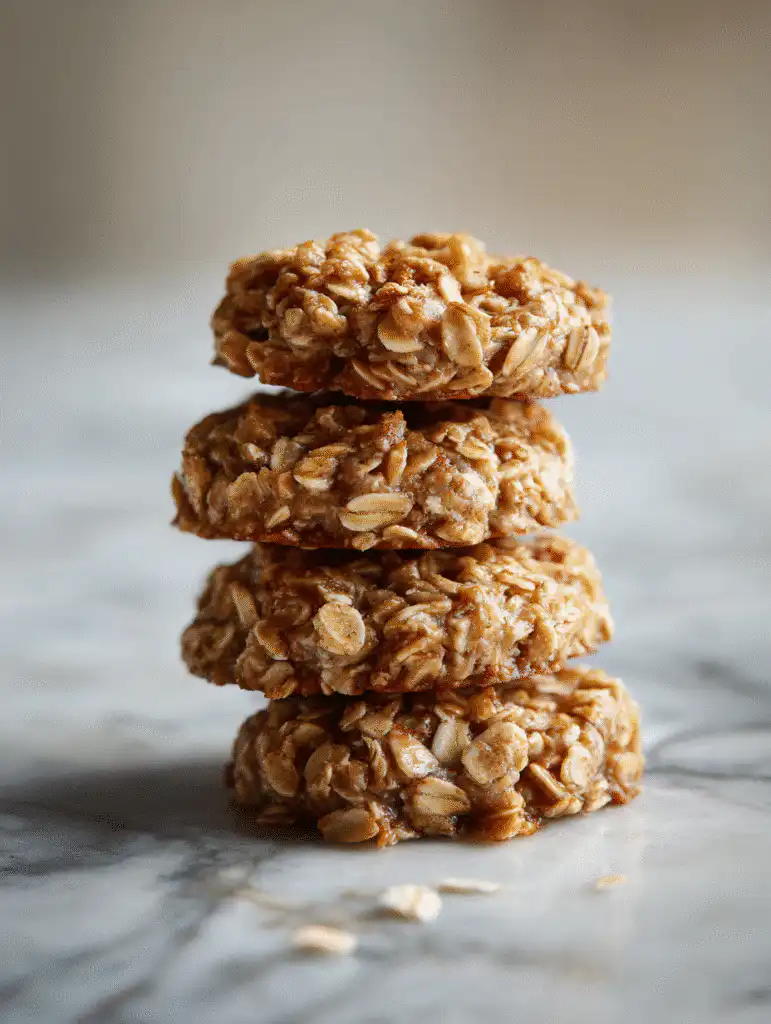 Stack of no-bake banana oatmeal desserts cookies on a marble countertop.