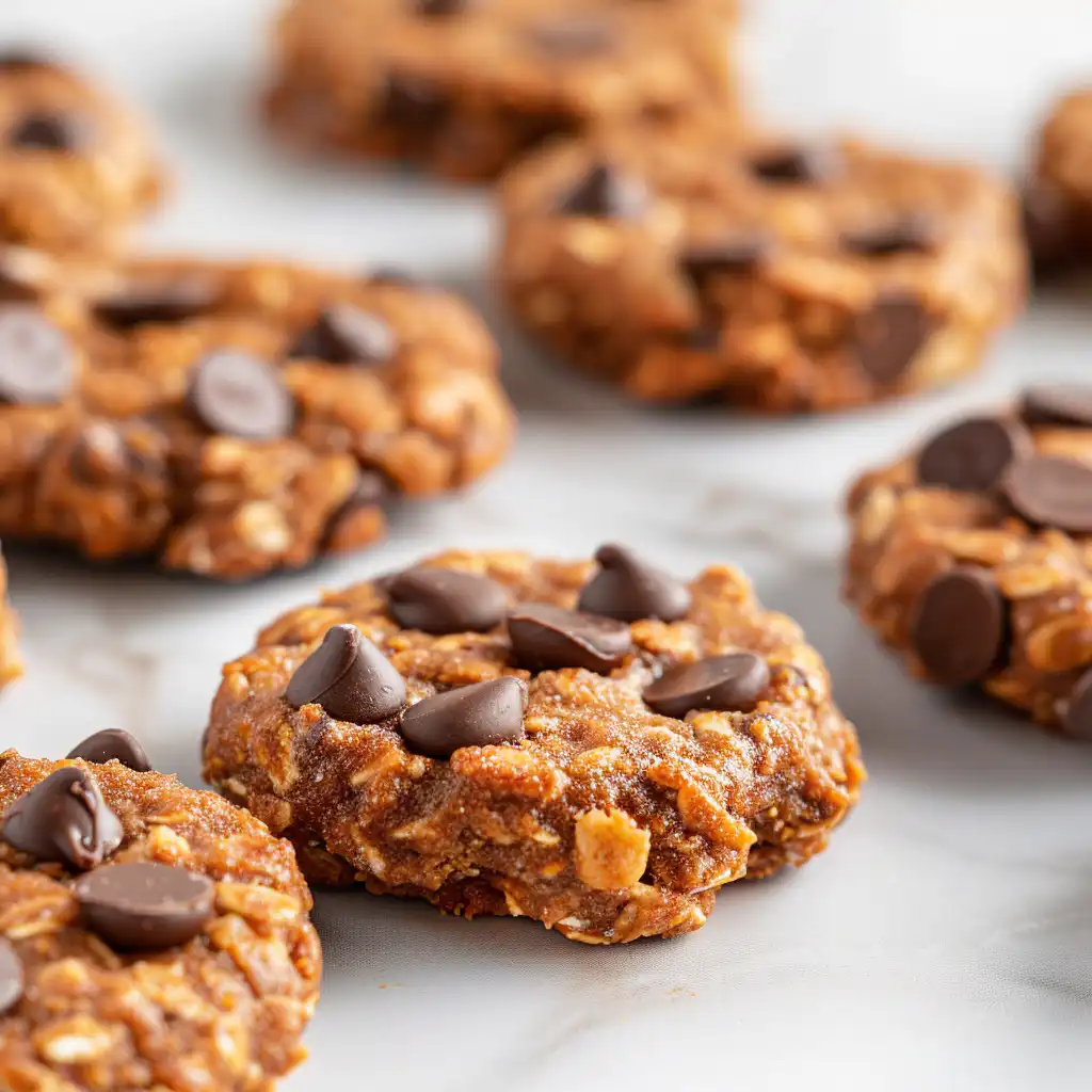 Freshly made no bake protein cookies with chocolate chips.