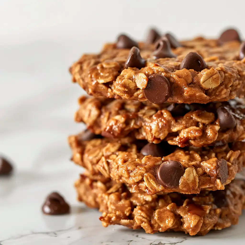 Stack of no bake protein cookies with chocolate chips on white marble table.