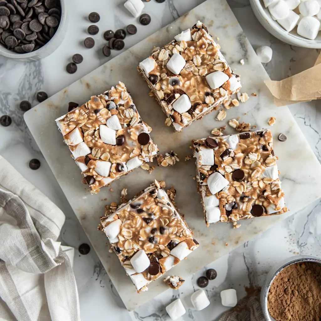 Four no bake s’more bars with oatmeal topped with marshmallows and chocolate chips on white marble