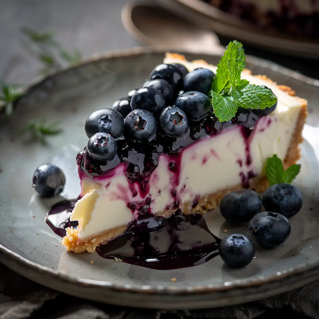 Blueberry cheesecake dessert no bake on a cozy kitchen table