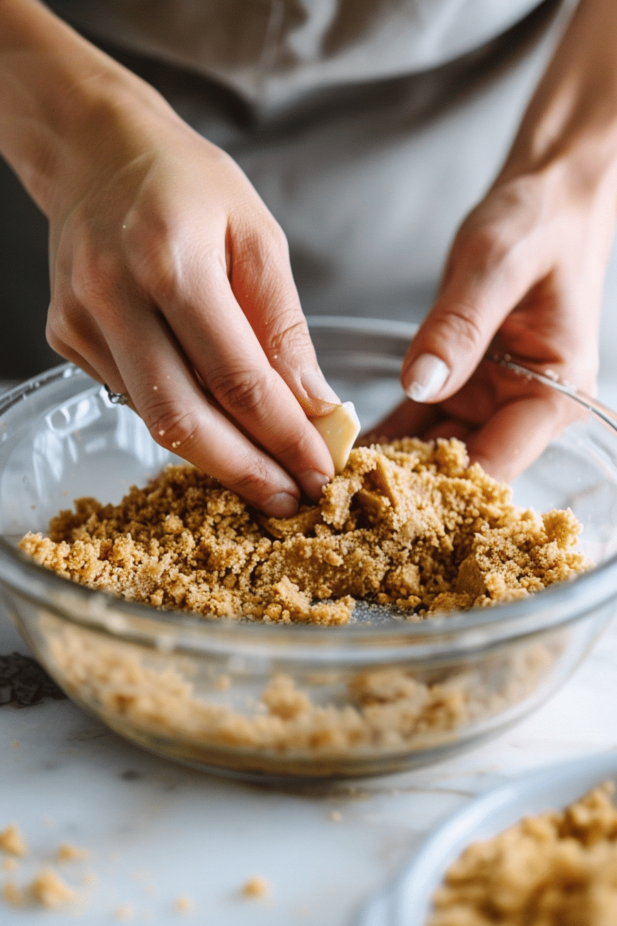 step1_cheesecake_blueberry Hands mixing graham cracker crumbs and melted butter, then pressing crust into a dish for blueberry cheesecake dessert no bake.