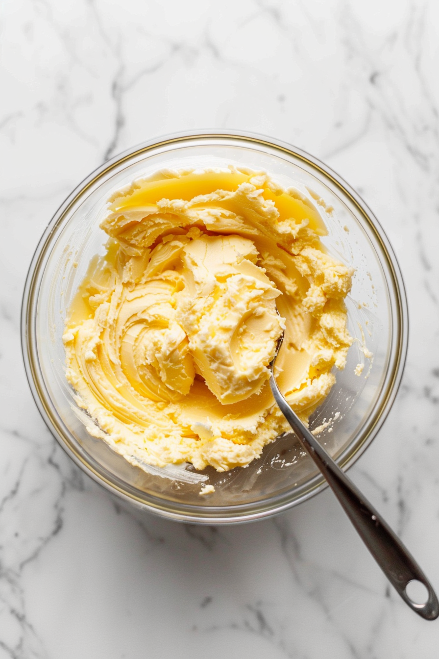 step1_cookies_dought Softened butter creamed in a glass bowl for no bake edible cookie dough