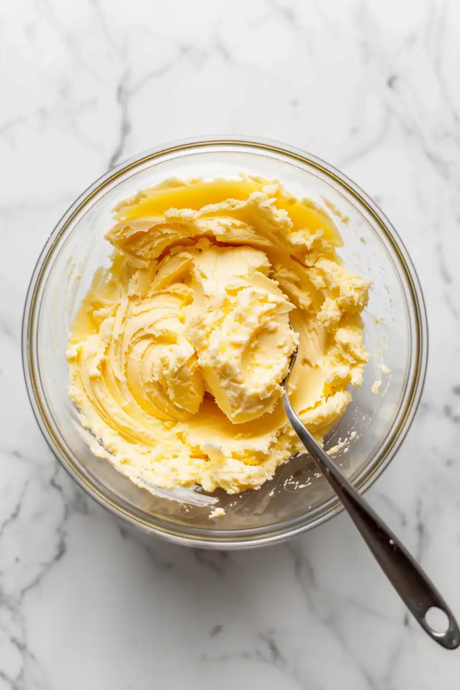 Softened butter creamed in a glass bowl for no bake edible cookie dough