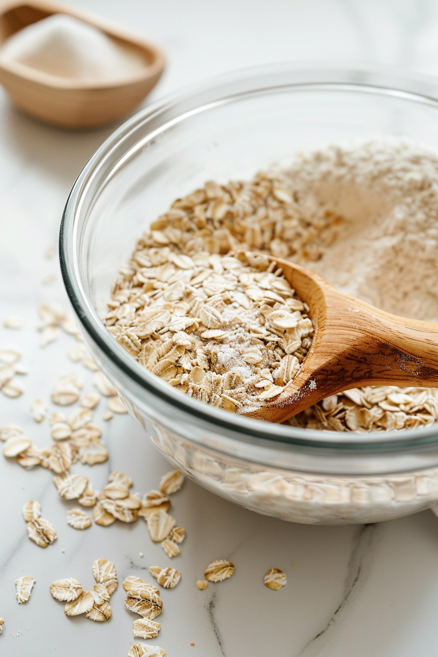 step1_cookies_protein Mixing oats and protein powder in a bowl for no bake protein cookies.
