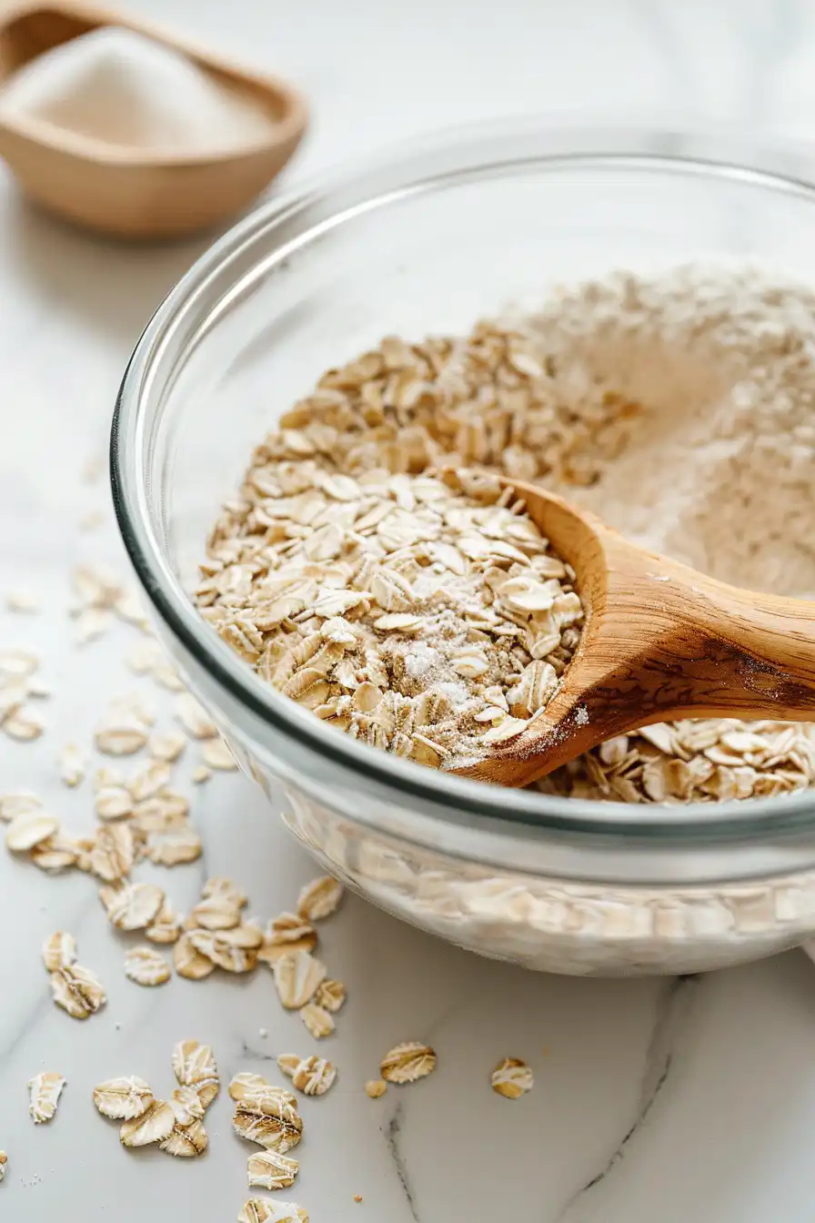Mixing oats and protein powder in a bowl for no bake protein cookies.