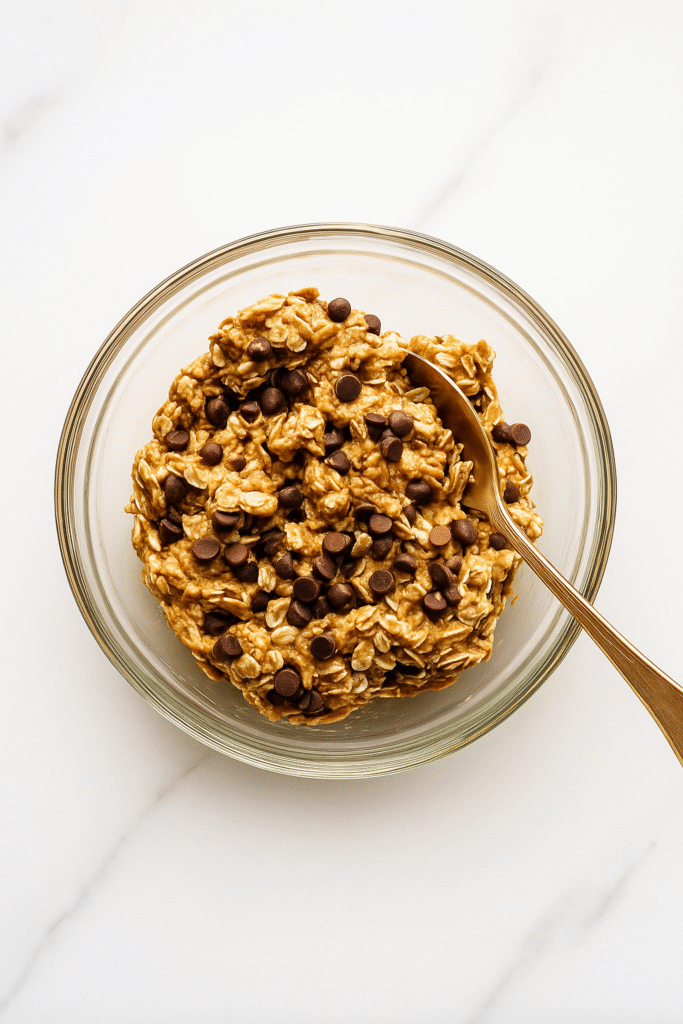 Oat and peanut butter mixture for no bake s’more bars in a glass bowl with a spoon