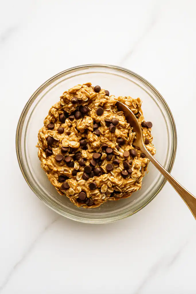 Oat and peanut butter mixture for no bake s’more bars in a glass bowl with a spoon