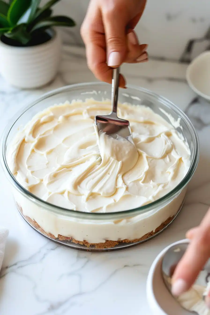Hands spreading creamy cheesecake filling over graham crust for no bake blueberry cheesecake dessert.