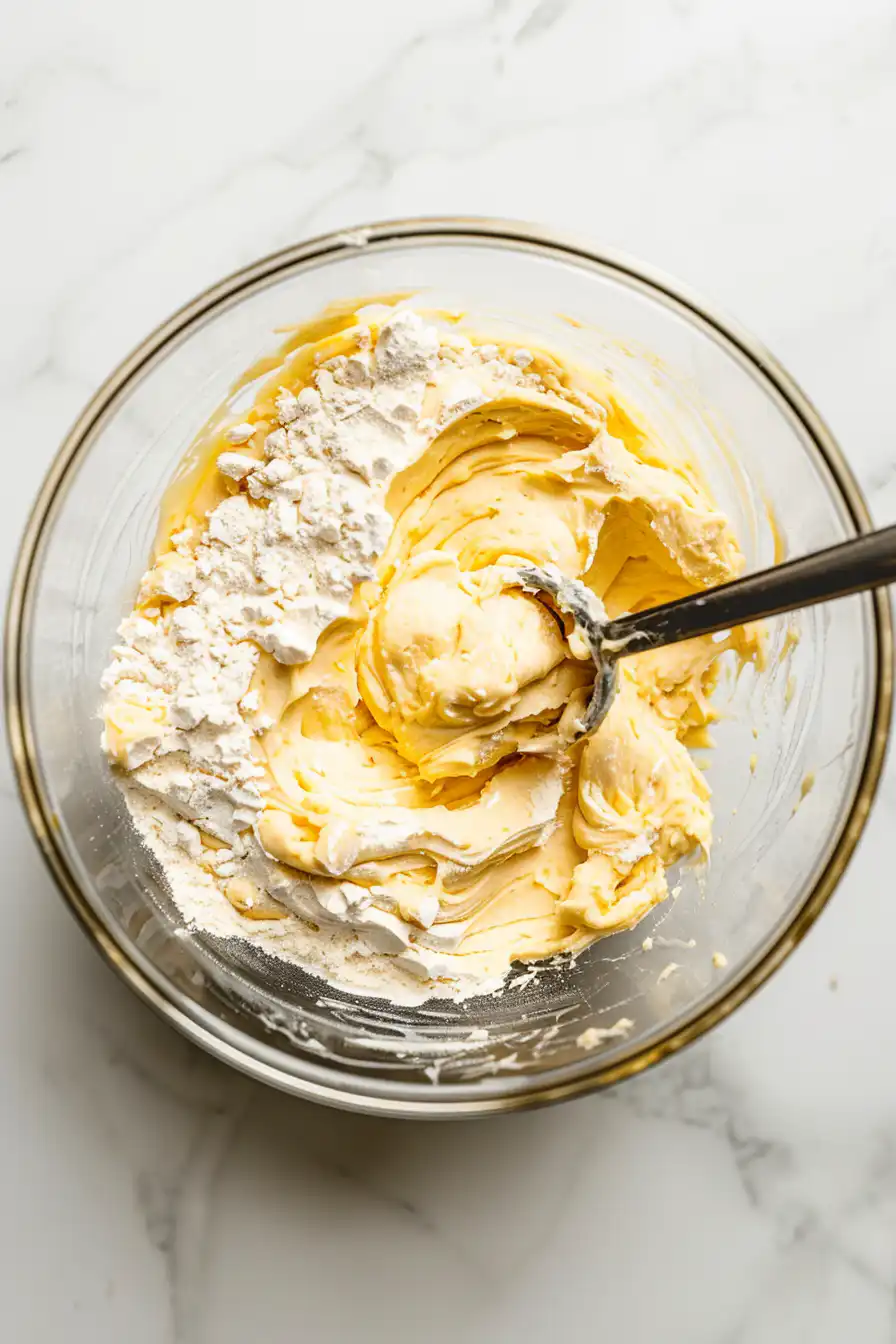 Flour being mixed into cookie dough batter on a white marble counter
