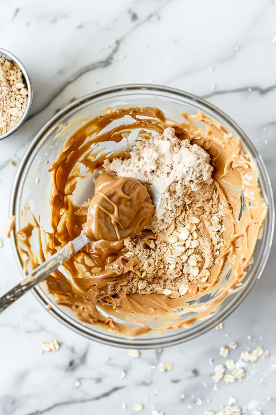 Adding peanut butter and honey to oats mixture for no bake protein cookies.
