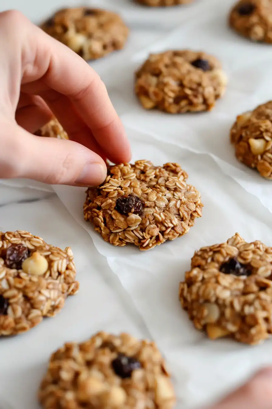 Shaping no bake protein cookies with chocolate chips on parchment paper.