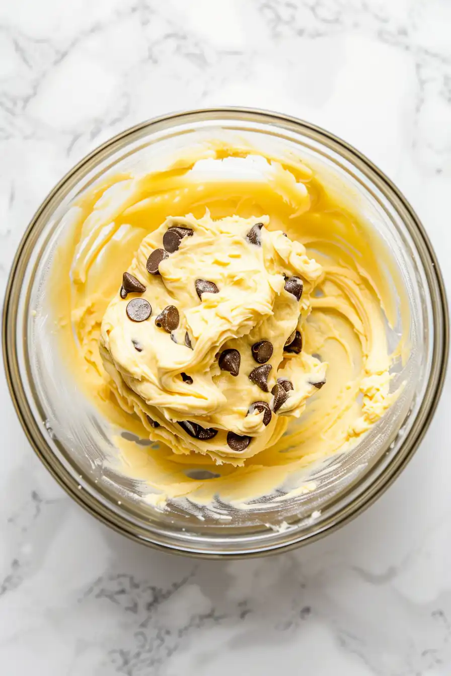 No bake edible cookie dough mixed with chocolate chips in a glass bowl