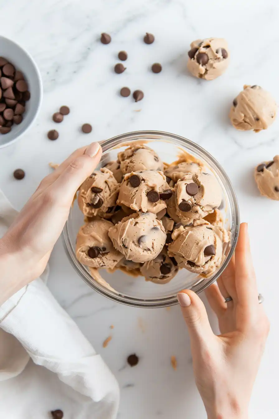 Hand rolling no bake cookie dough into bite-sized balls on marble