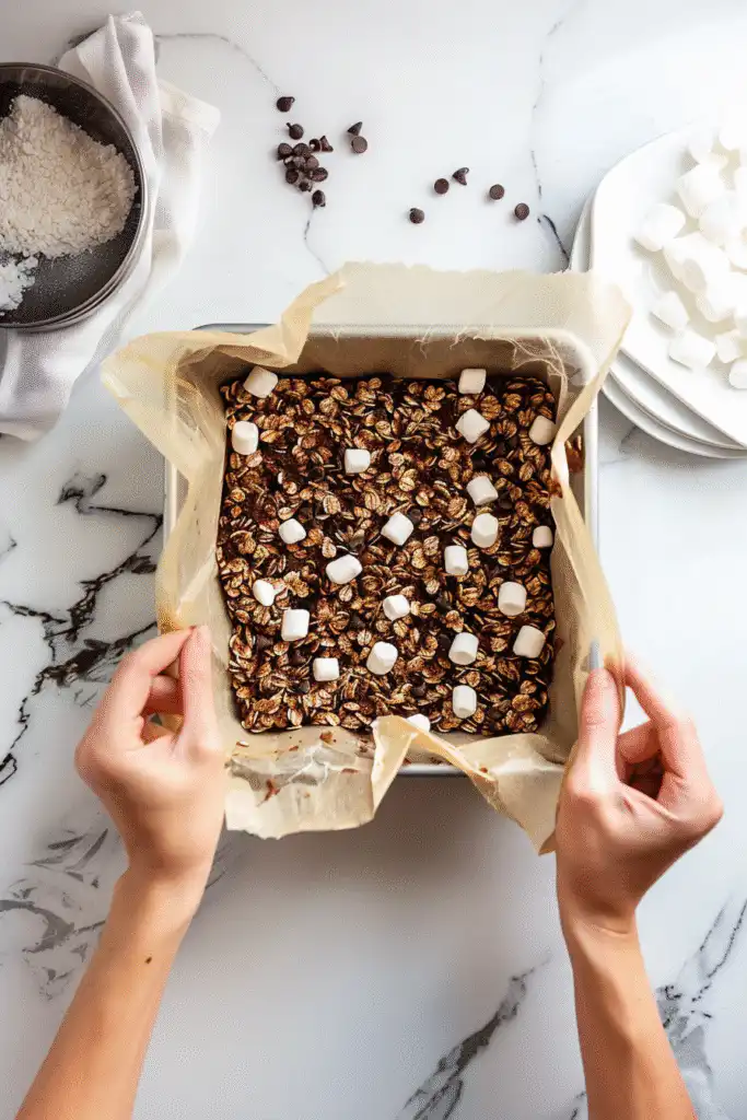 Hands pressing no bake s’more bars mixture into a parchment-lined pan on white marble
