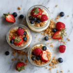 Group of no-bake cheesecake jars with graham crust, creamy filling, strawberry topping, and fresh blueberries