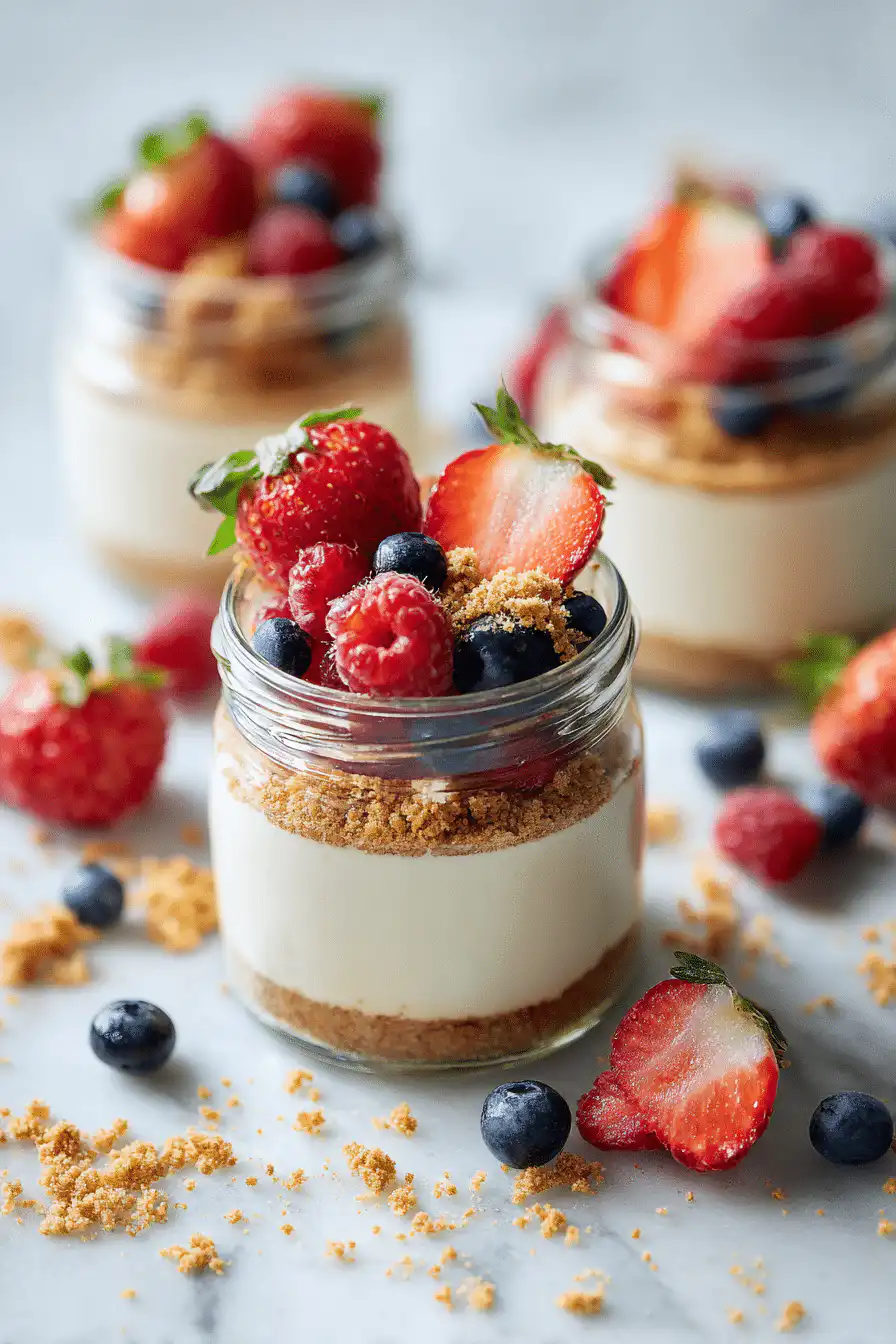 Overhead view of no-bake cheesecake jars topped with strawberries, raspberries, and blueberries on white marble