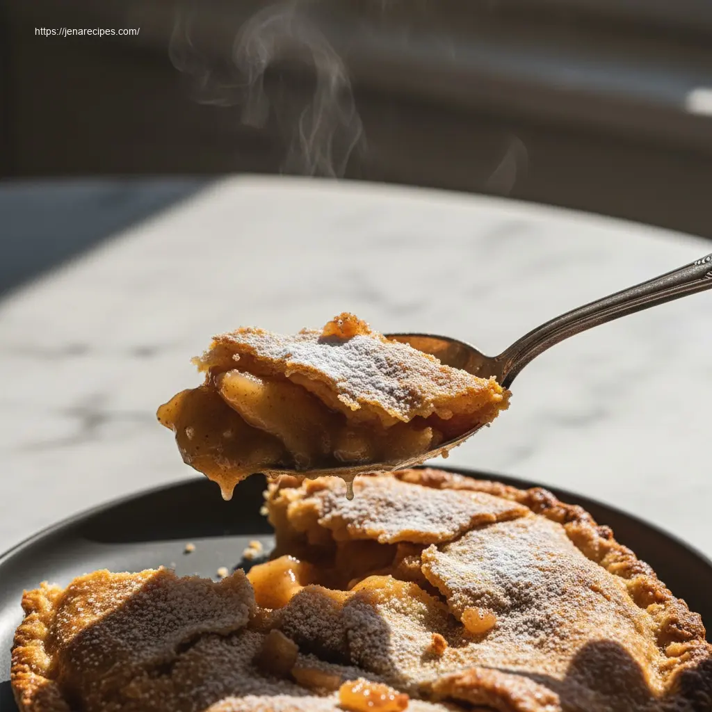 Spoon lifting a golden bite of delicious apple pie.