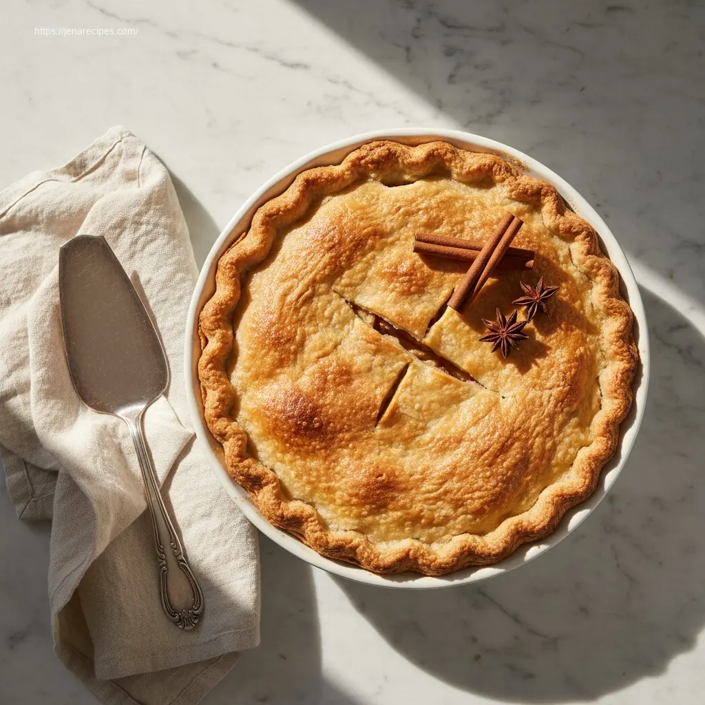 Delicious homemade Apple Pie Recipe, overhead view, ready to serve.