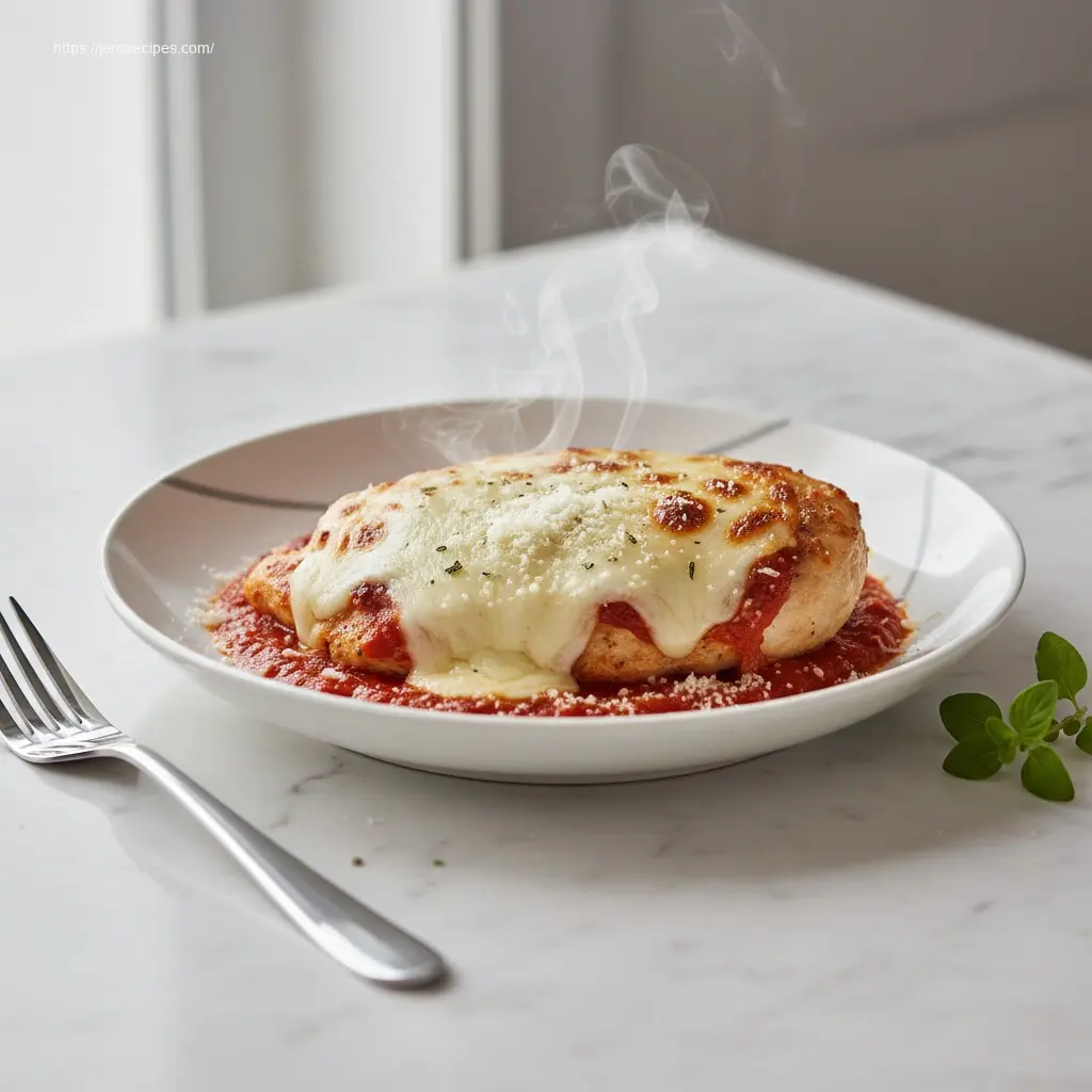 Appetizing Healthy Baked Chicken Parmesan, freshly served.
