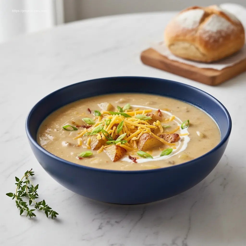 Hearty Loaded Baked Potato Soup with cheese and scallions.