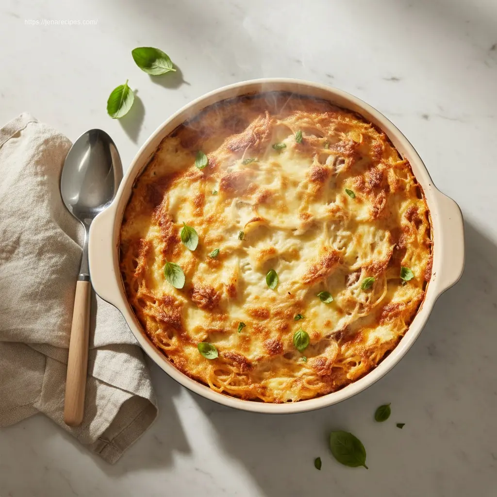 Warm Baked Cream Cheese Spaghetti Casserole with fresh basil garnish