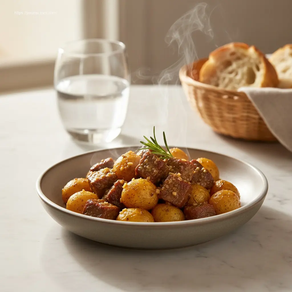 Serving of crockpot garlic butter beef bites and potatoes.