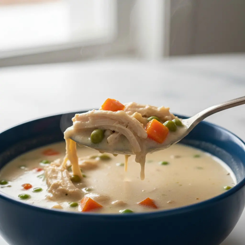 Spoon lifting comforting Chicken Pot Pie Soup Recipe.