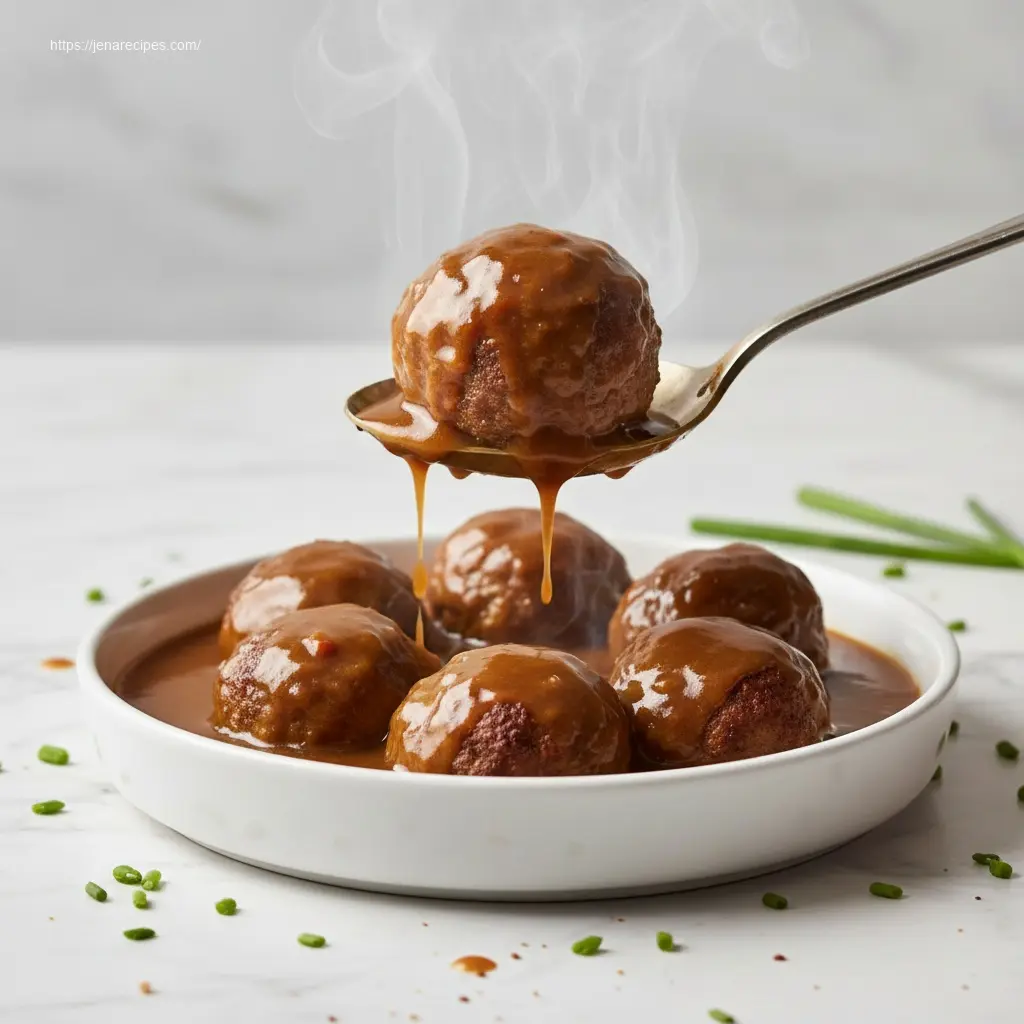 Spoon lifting a Slow Cooker Salisbury Steak Meatball.