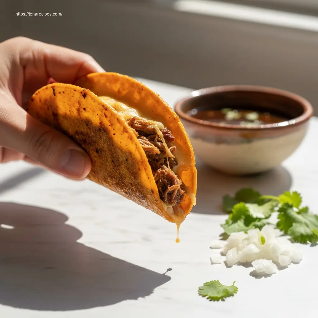 Close-up of a Fave Birria Taco revealing juicy beef and cheese.