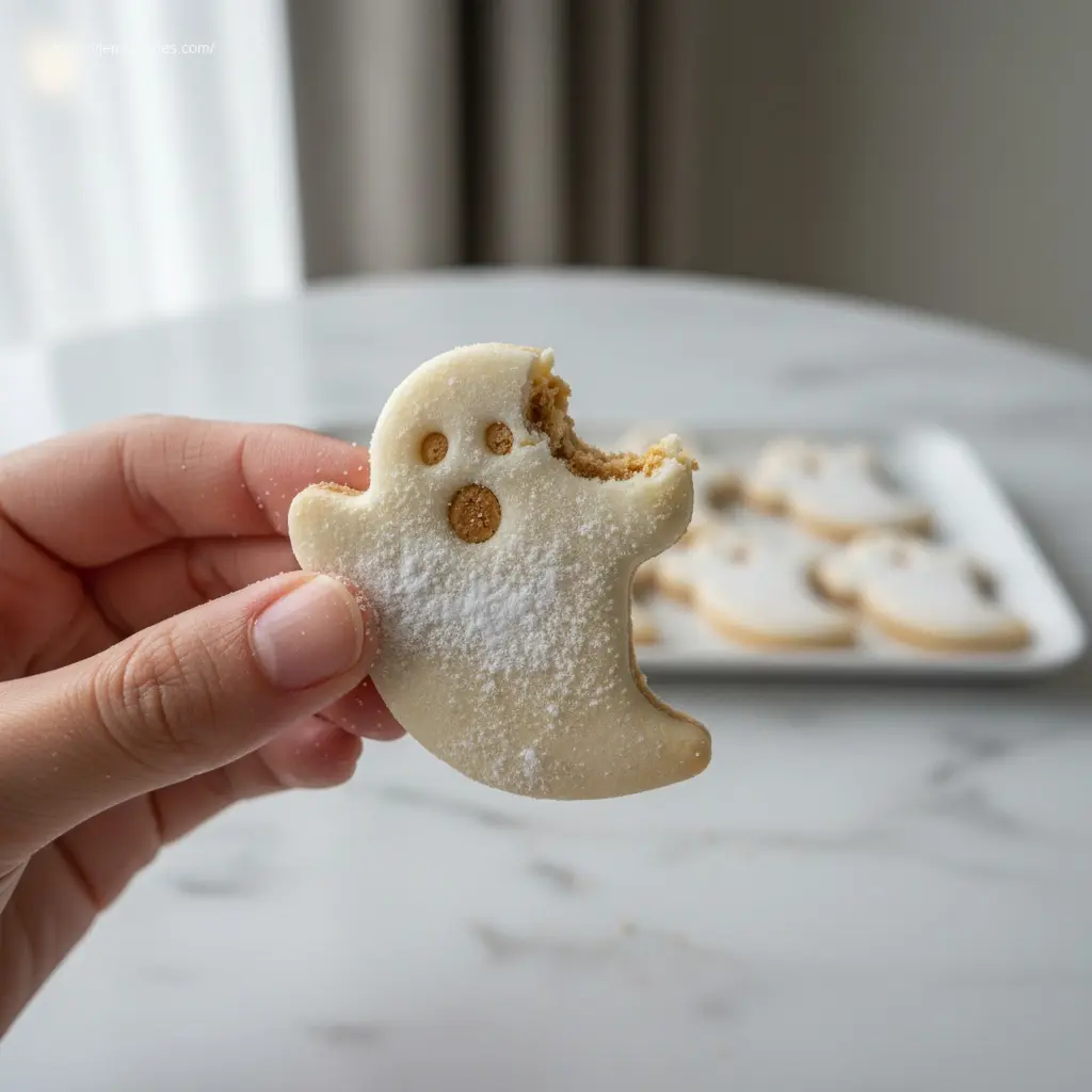 Hand holding a bitten Nutter Butter Ghost Cookie.