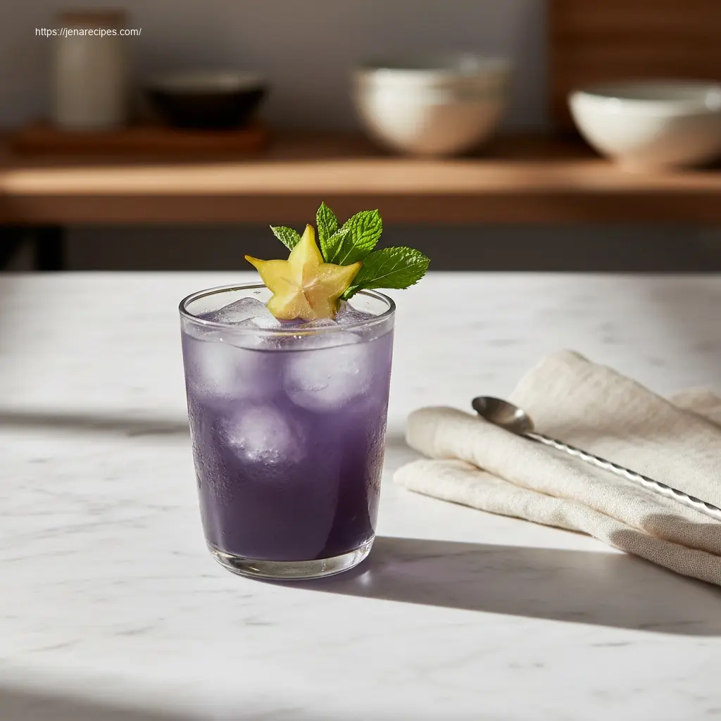 Witches Brew Lemonade in a stoneware tumbler on marble.