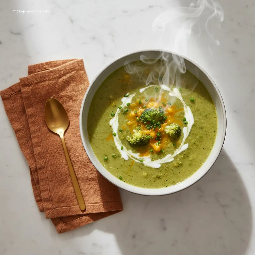 Delicious High Protein Broccoli Cheddar Soup in a ceramic bowl.