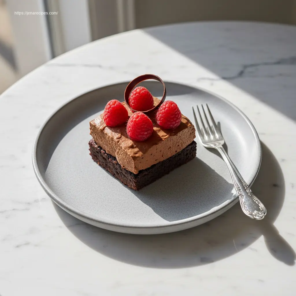 Plated Chocolate Mousse Brownie with fresh raspberries.