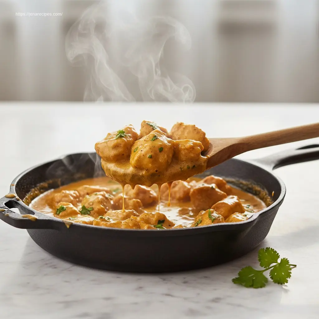 Spoon lifting Texas Roadhouse Butter Chicken Skillet portion.