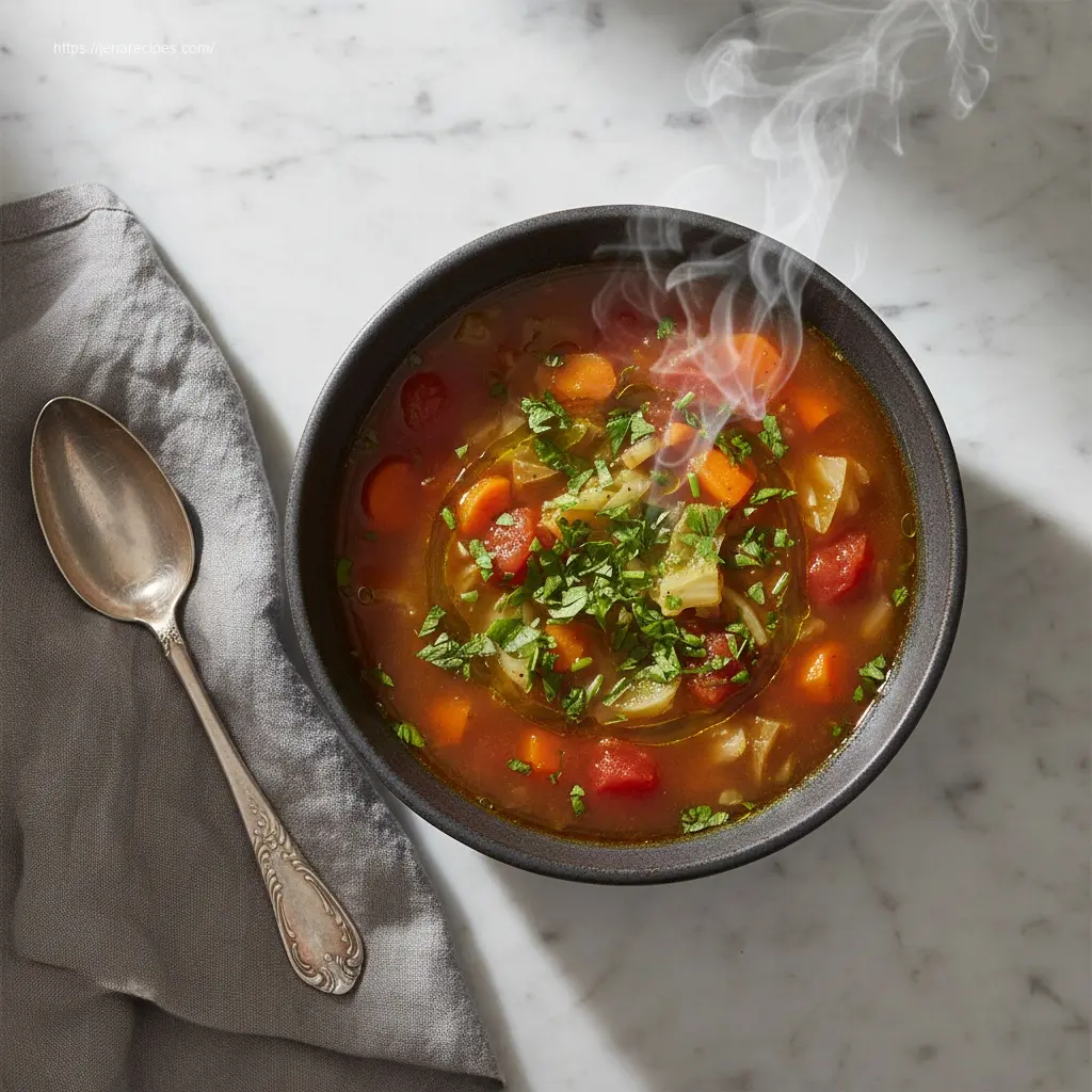 Delicious Cabbage Fat-burning Soup, overhead view with fresh parsley.