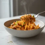 Close-up of fork lifting Crock Pot Creamy Cajun Chicken Pasta.