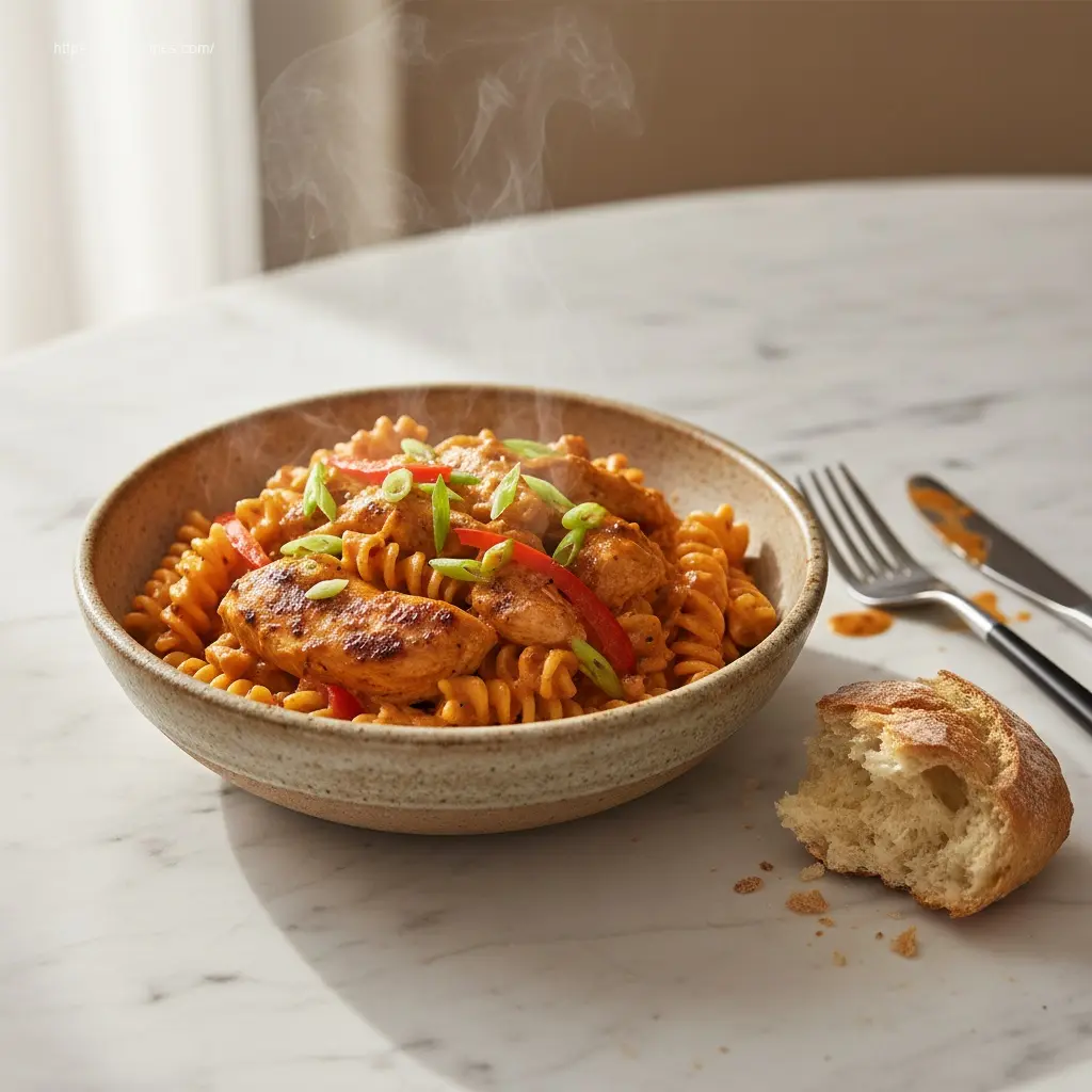 Warm Crock Pot Creamy Cajun Chicken Pasta on a marble table.