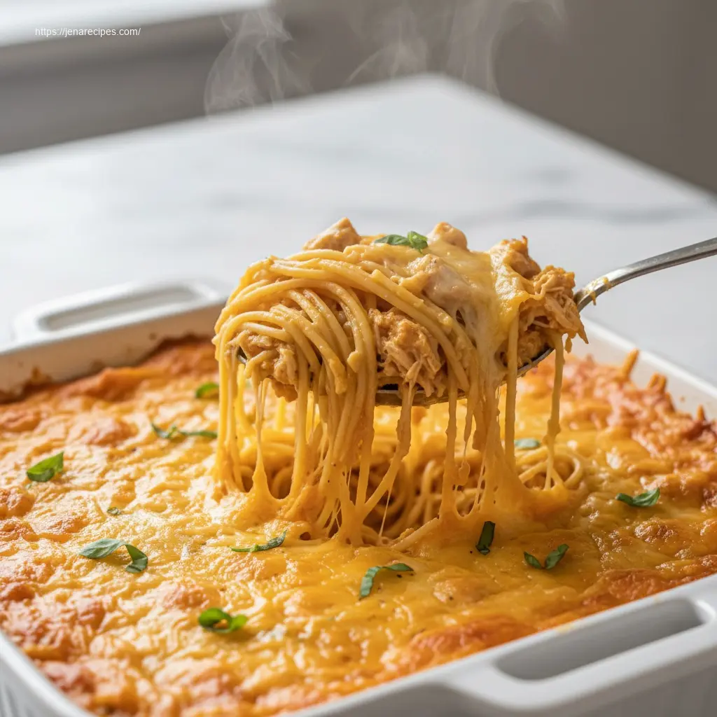 Spoon lifting Spicy Southern Cheesy Chicken Spaghetti Casserole