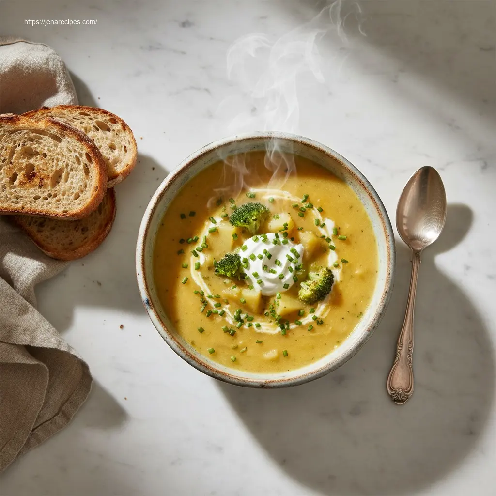Creamy Cheddar Broccoli Potato Soup in a rustic bowl